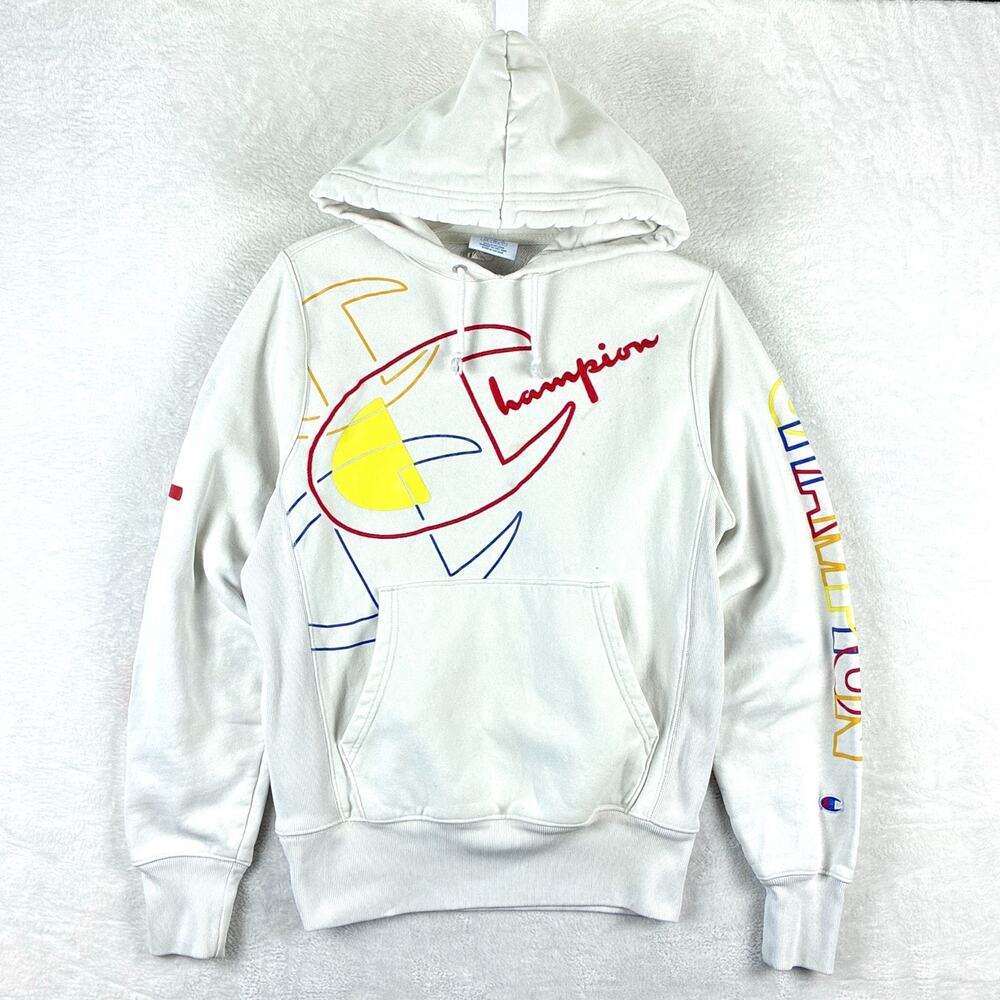 VTG Champion Hoodie Sweatshirt Mens S White Reverse Weave Spellout Embroidered